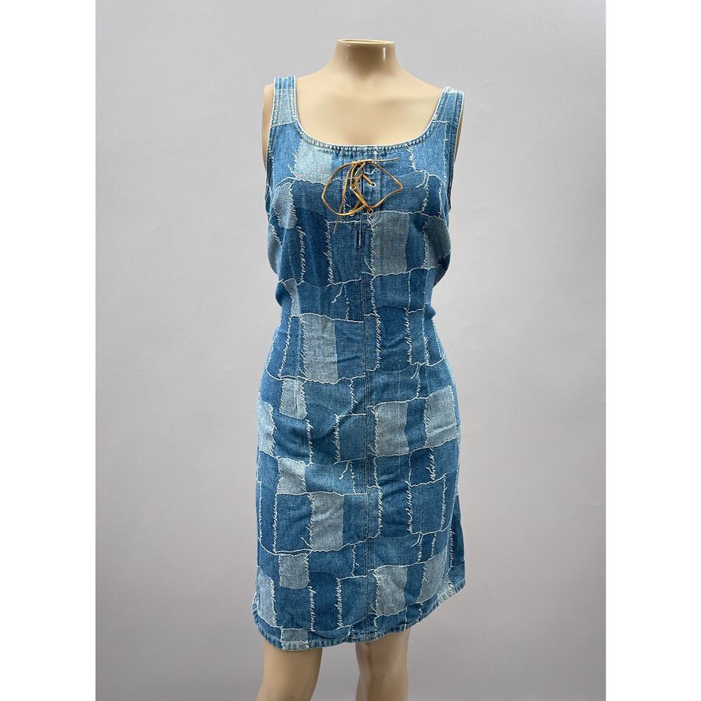 True Blue Casual Sportswear Vtg 90s Dress Women M Blue Patchwork Denim Mini Y2K